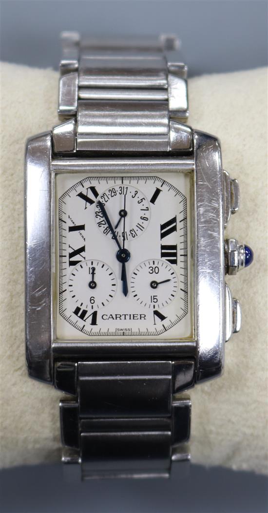 A gentlemans stainless steel Cartier Tank chronograph quartz wrist watch, with Cartier pouch, no box or paperwork.